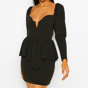 Black Tall V Plunge Peplum Mini Dress